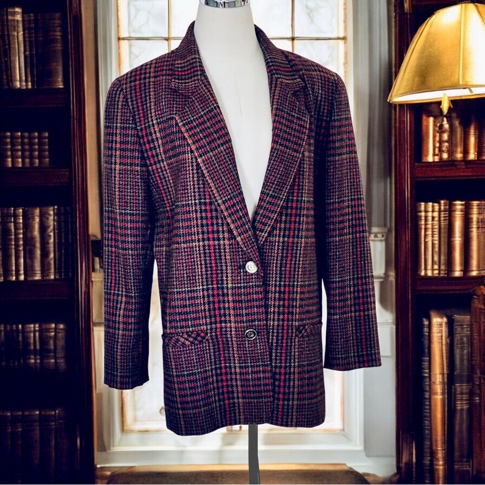 Vintage Blazer Dark Academia￼ 2 Button Plaid Wool Blend Size 14